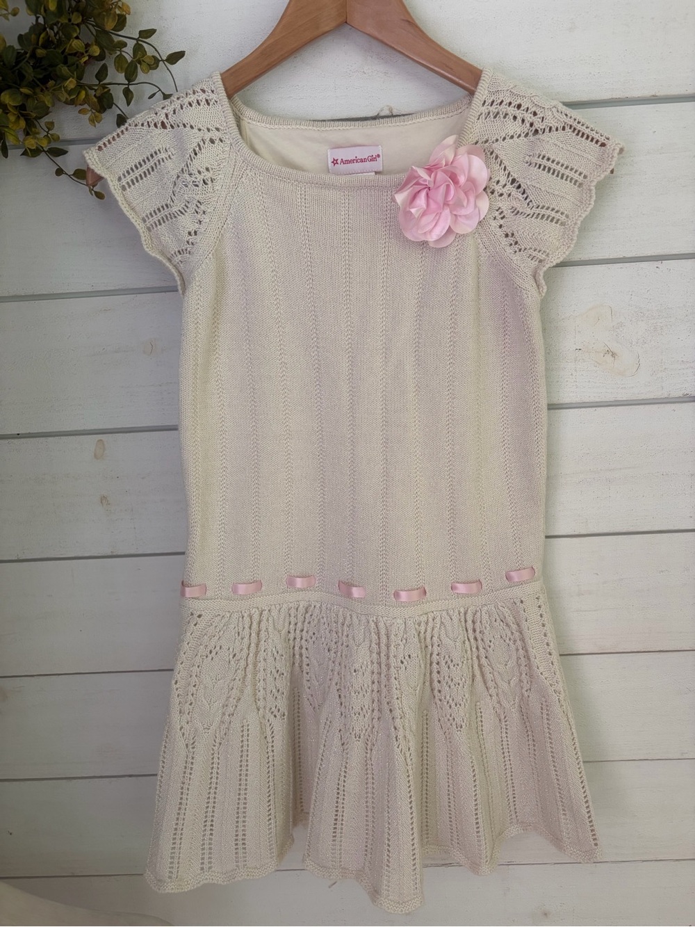 American Girl Cream drop waist Knit eyelet Dress with Pink silk Flower Accent